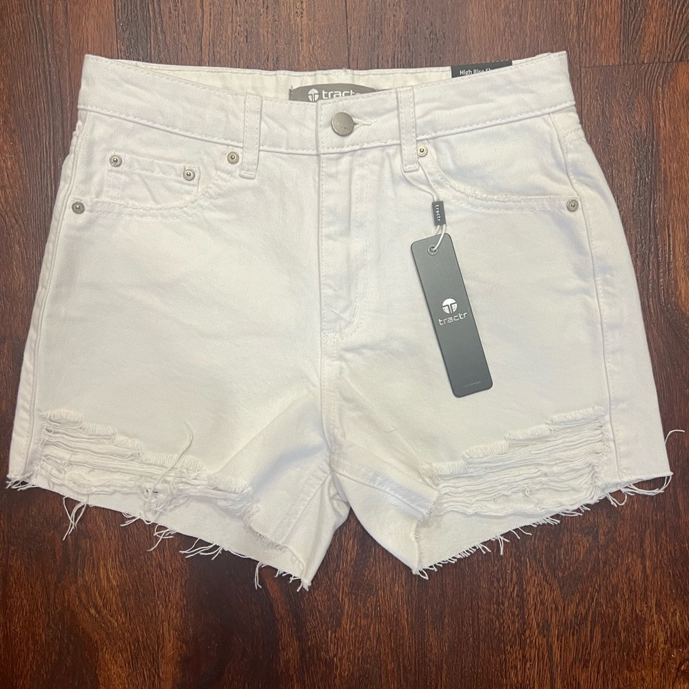 NWT Girls Tractr denim shorts. Distressed high rise style in white Size 14